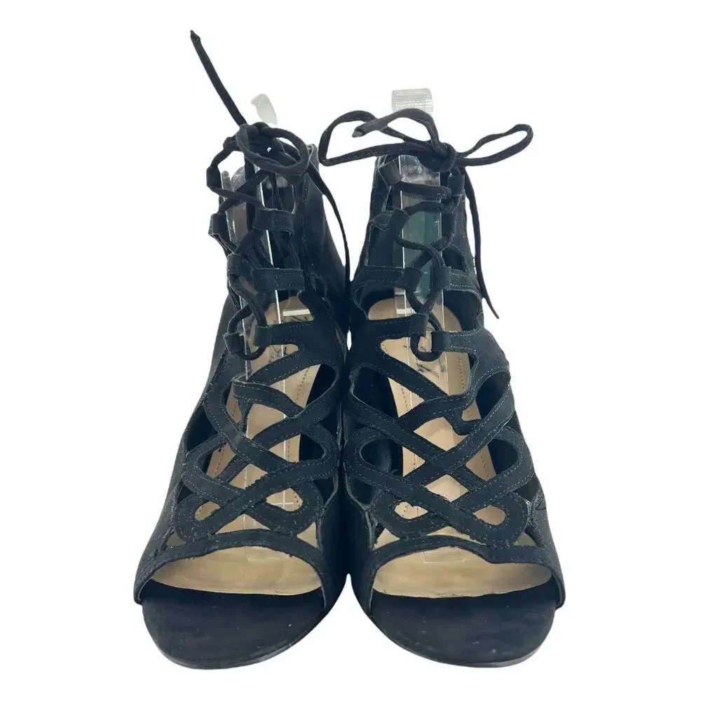 Marc Fisher (10) Urbana Black Faux Suede Lace Up Caged Stiletto Ankle Booties - Picture 4 of 11